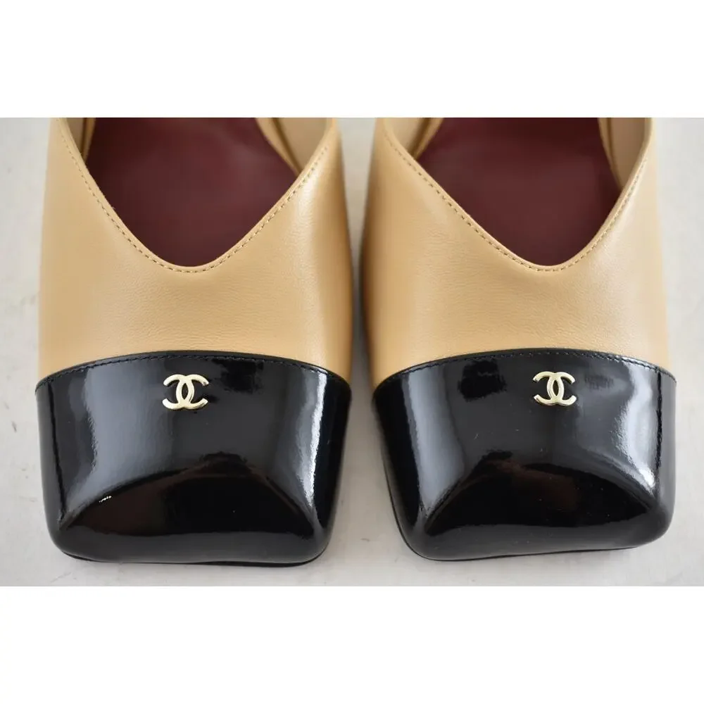 Chanel 26S Blazy Beige Black Square Toe Sling CC Slingback Block Heel Pump 37 - Picture 10 of 16
